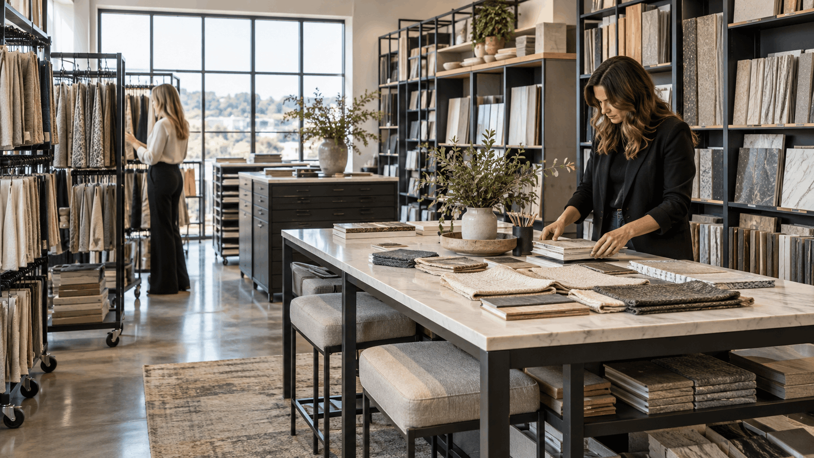 Interior design showroom with fabric samples, stone tiles, and two professional women organizing materials
