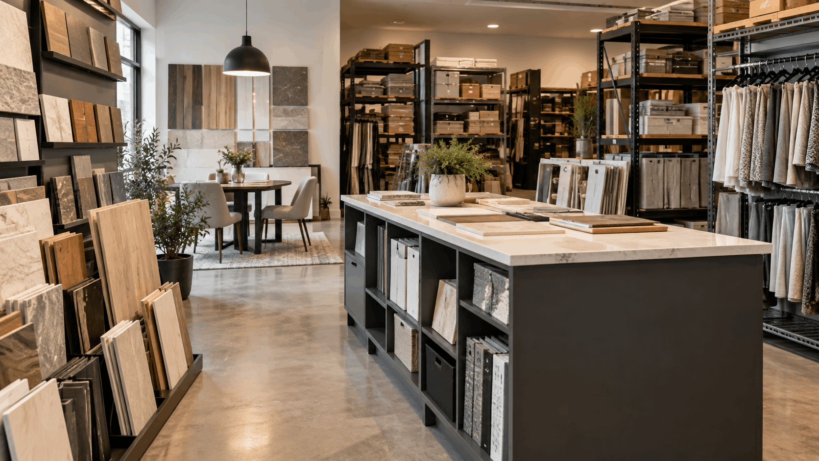Modern interior design showroom displaying tile flooring samples, stone slabs, and material catalogs