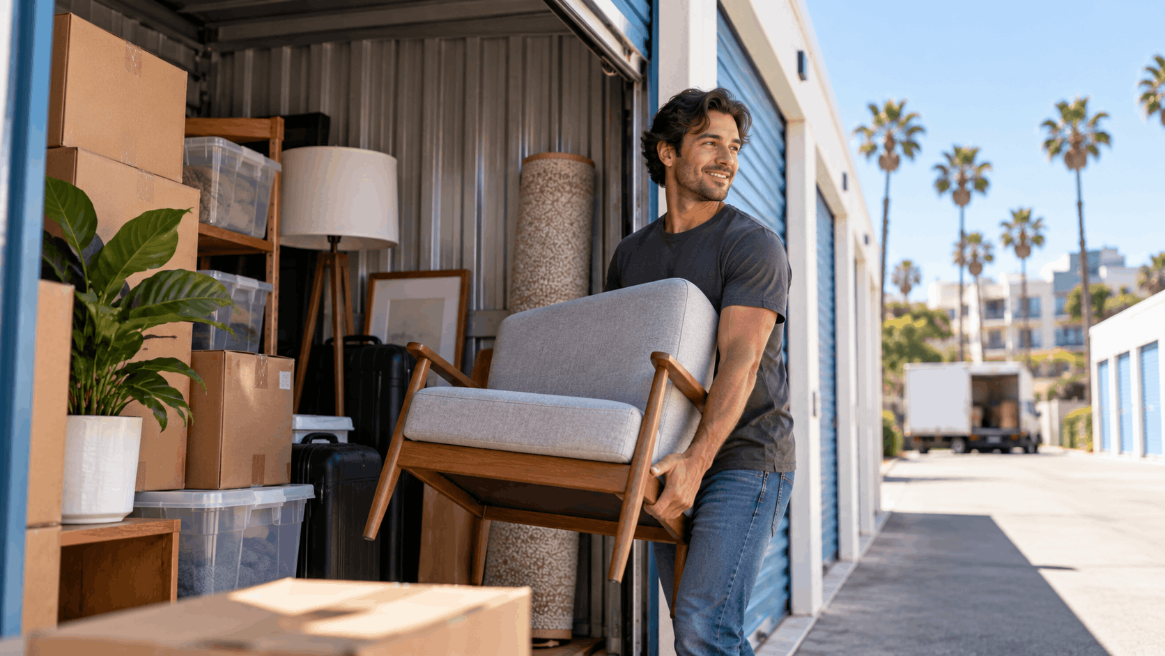 Man carrying mid-century modern chair into outdoor storage unit in Los Angeles