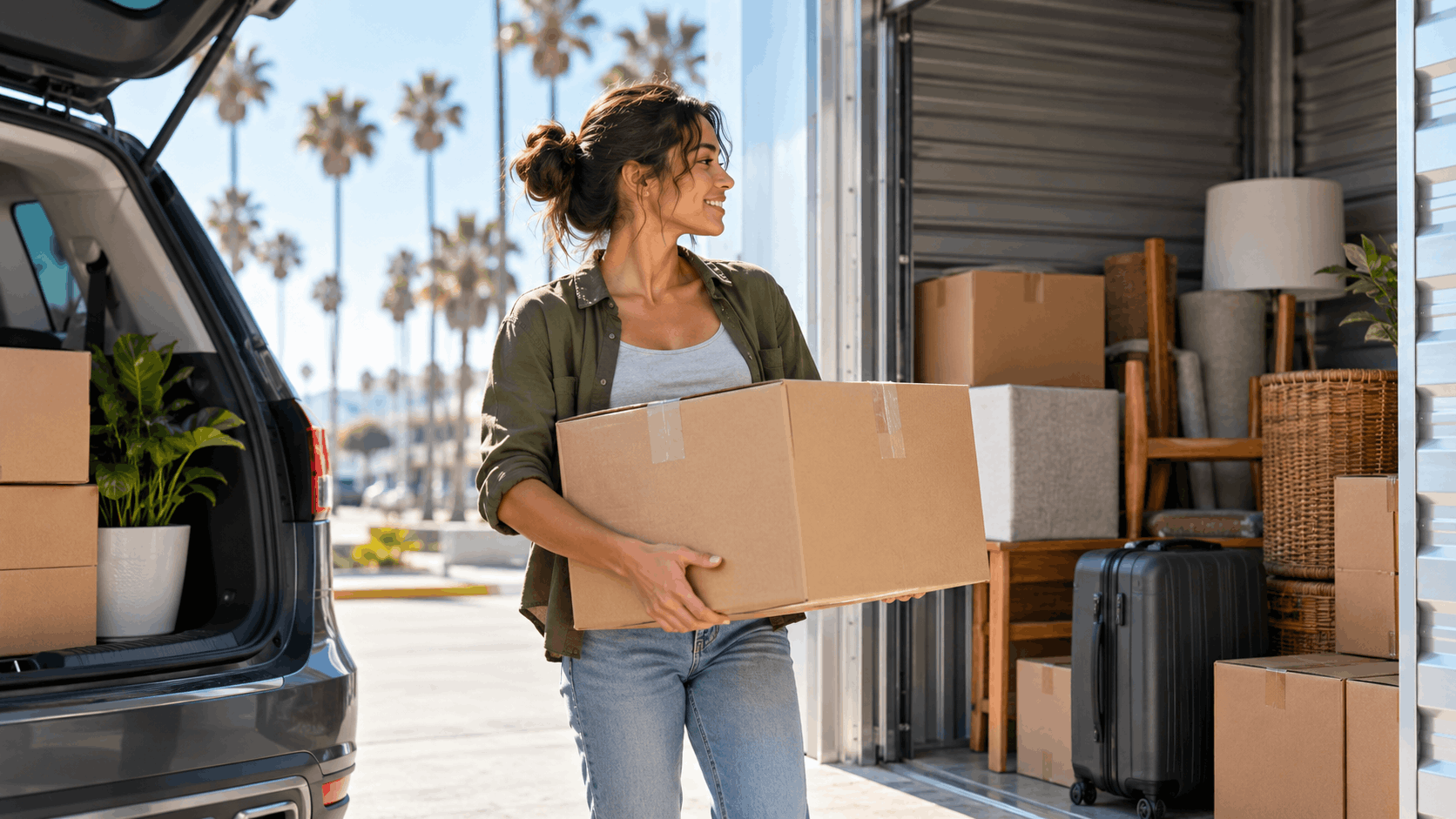 Smiling woman carrying cardboard box into storage unit near Venice Beach palm trees