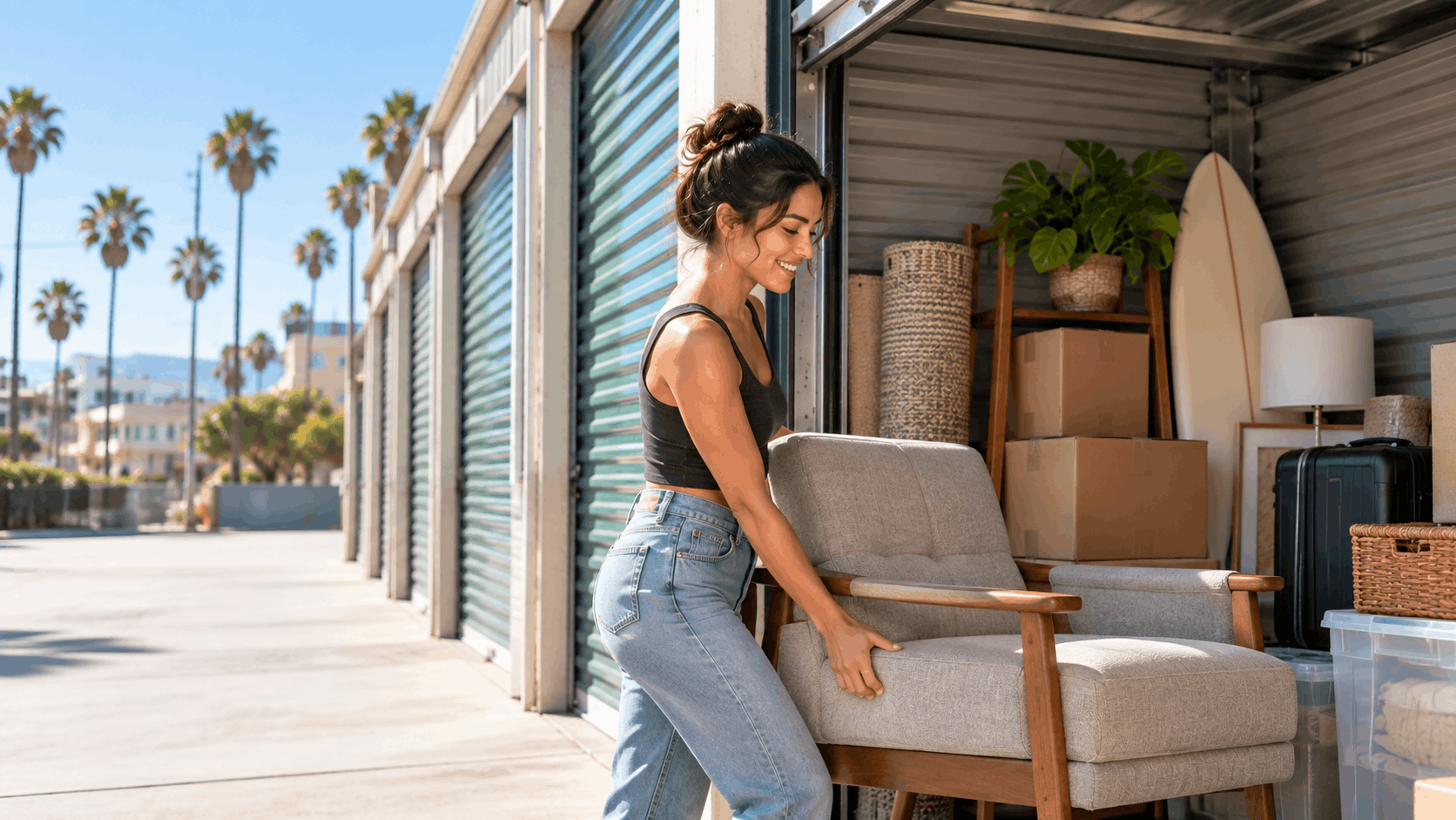 Woman moving chair into outdoor self-storage unit in sunny Los Angeles