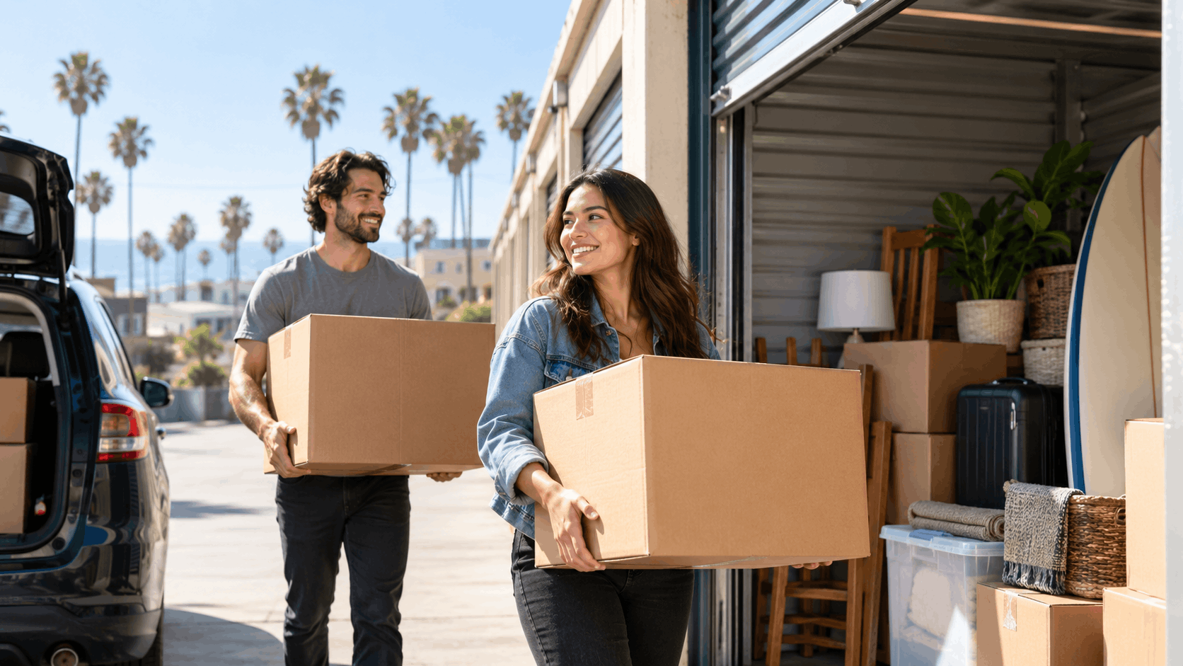 Smiling couple carrying cardboard boxes into Los Angeles self-storage unit together