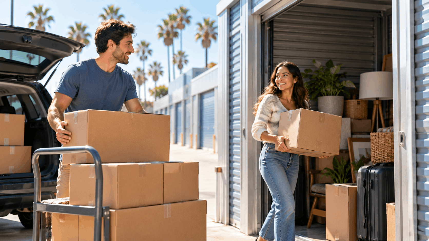 Couple loading cardboard boxes into a Los Angeles self-storage unit together