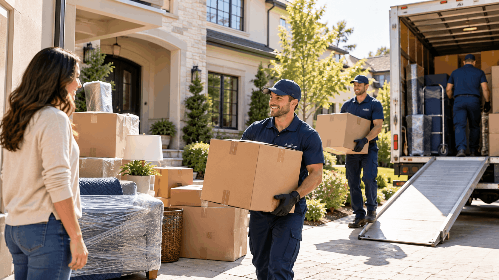 Professional movers unloading boxes from moving truck at upscale Bel Air home