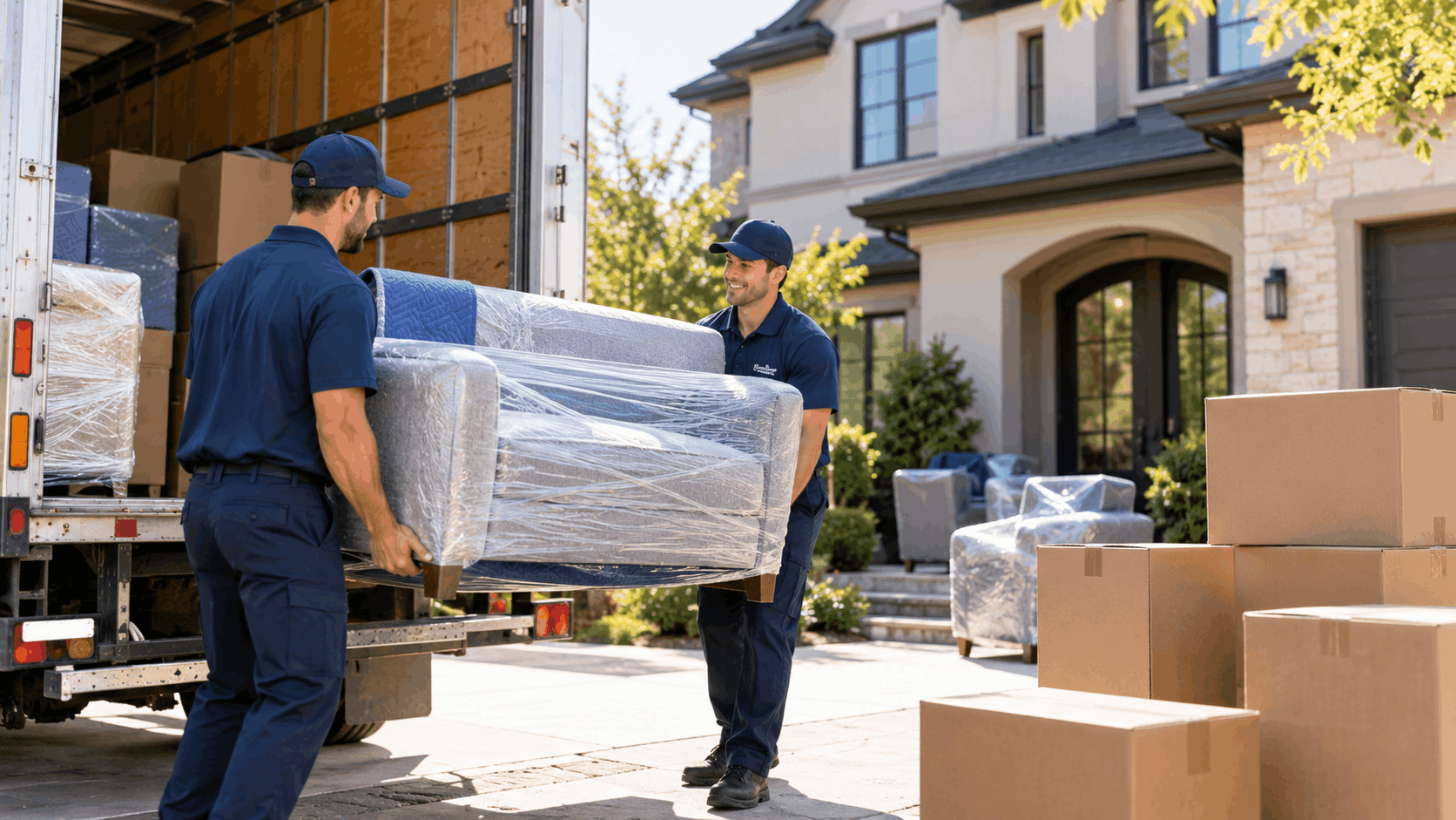 Two professional movers in navy uniforms unloading plastic-wrapped sofa from moving truck