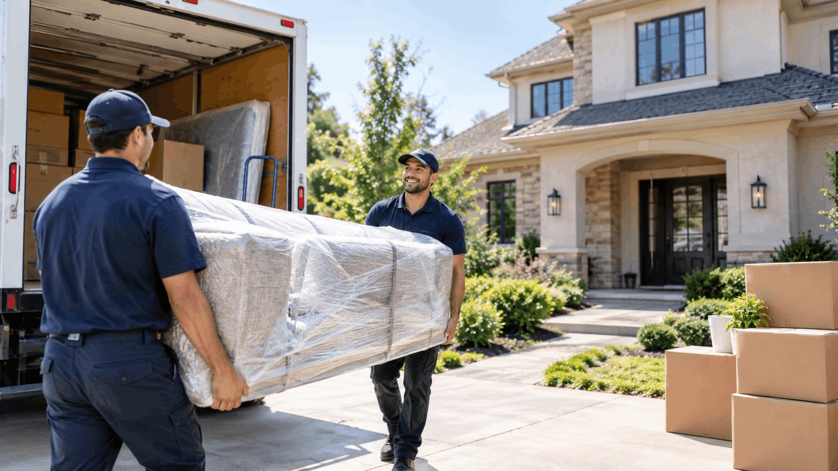 Two professional movers carrying wrapped furniture into a large Los Angeles home