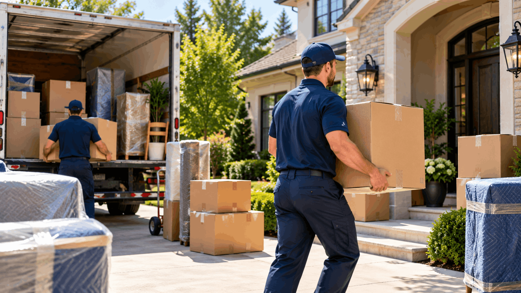 Two professional movers in navy uniforms unloading boxes from moving truck at luxury home