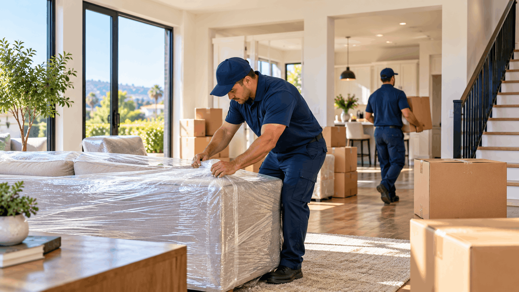 Professional movers in blue uniforms wrapping furniture and carrying boxes in luxury home