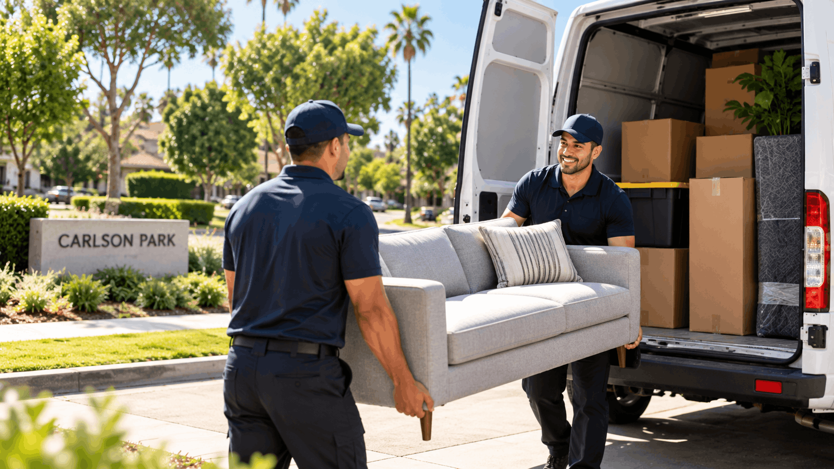 Two movers unloading gray sofa from moving van at Carlson Park Los Angeles