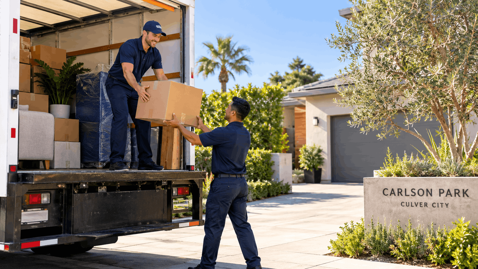 Two movers unloading cardboard boxes from truck at Carlson Park Culver City