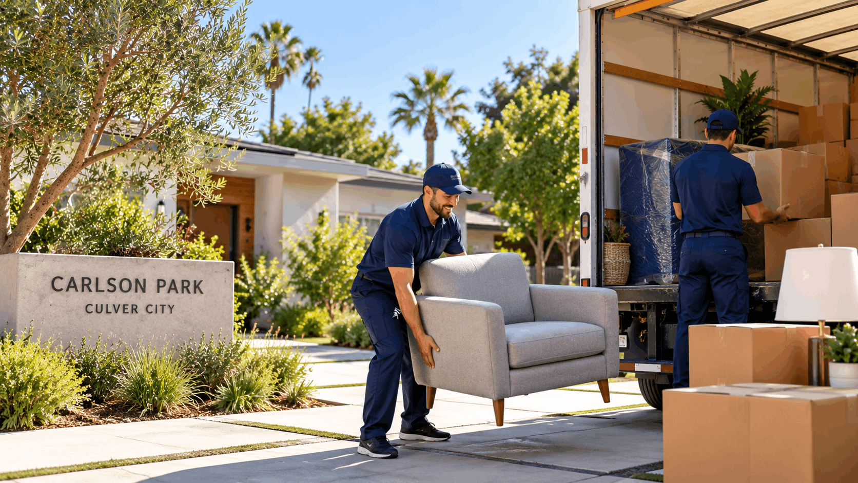 Movers unloading furniture and boxes from moving truck in Carlson Park Culver City