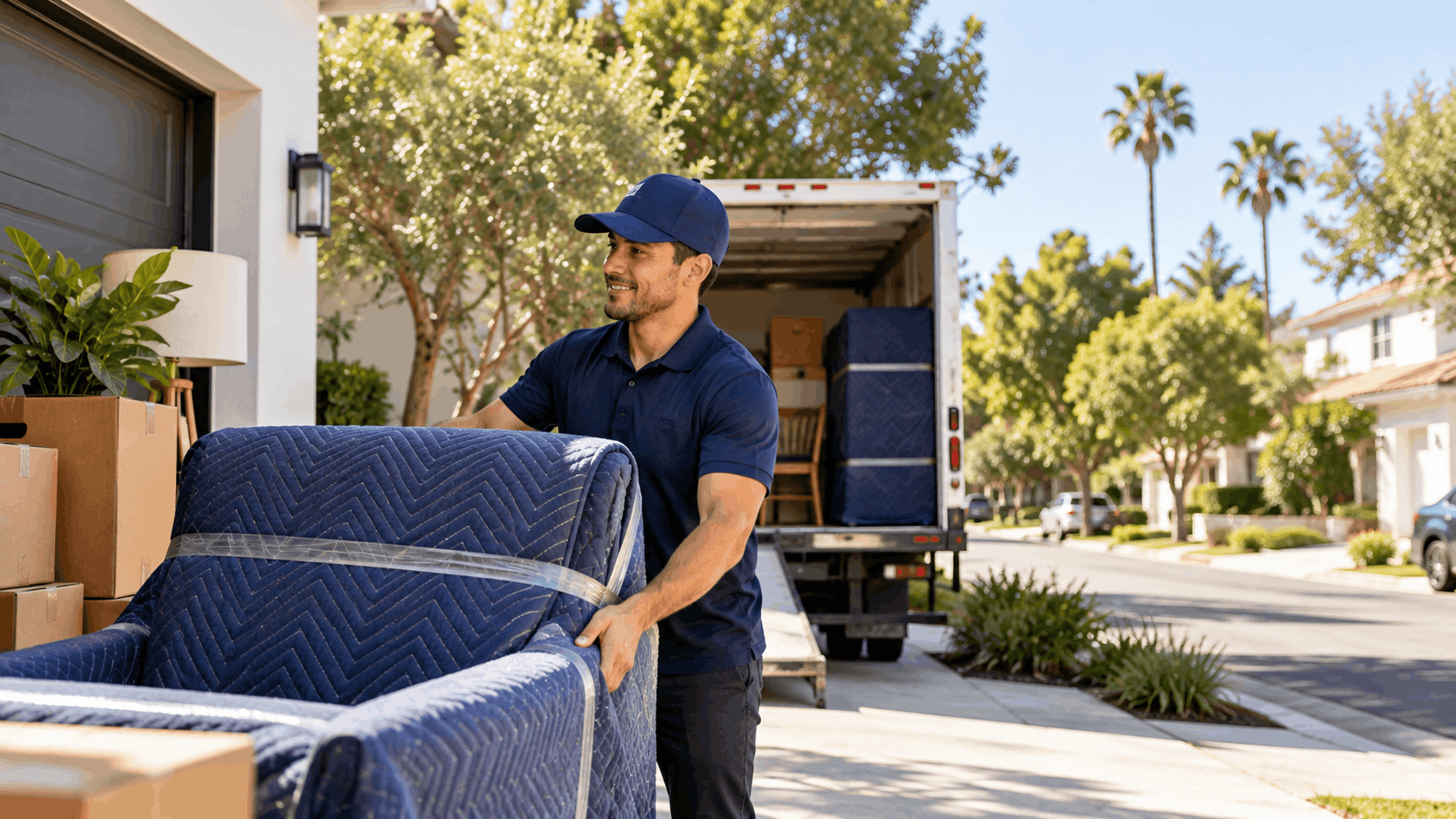 Professional mover carrying wrapped sofa toward moving truck in Los Angeles neighborhood