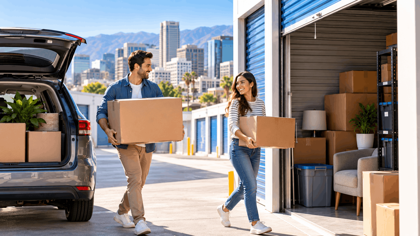 Couple carrying cardboard boxes into outdoor self-storage unit in Los Angeles