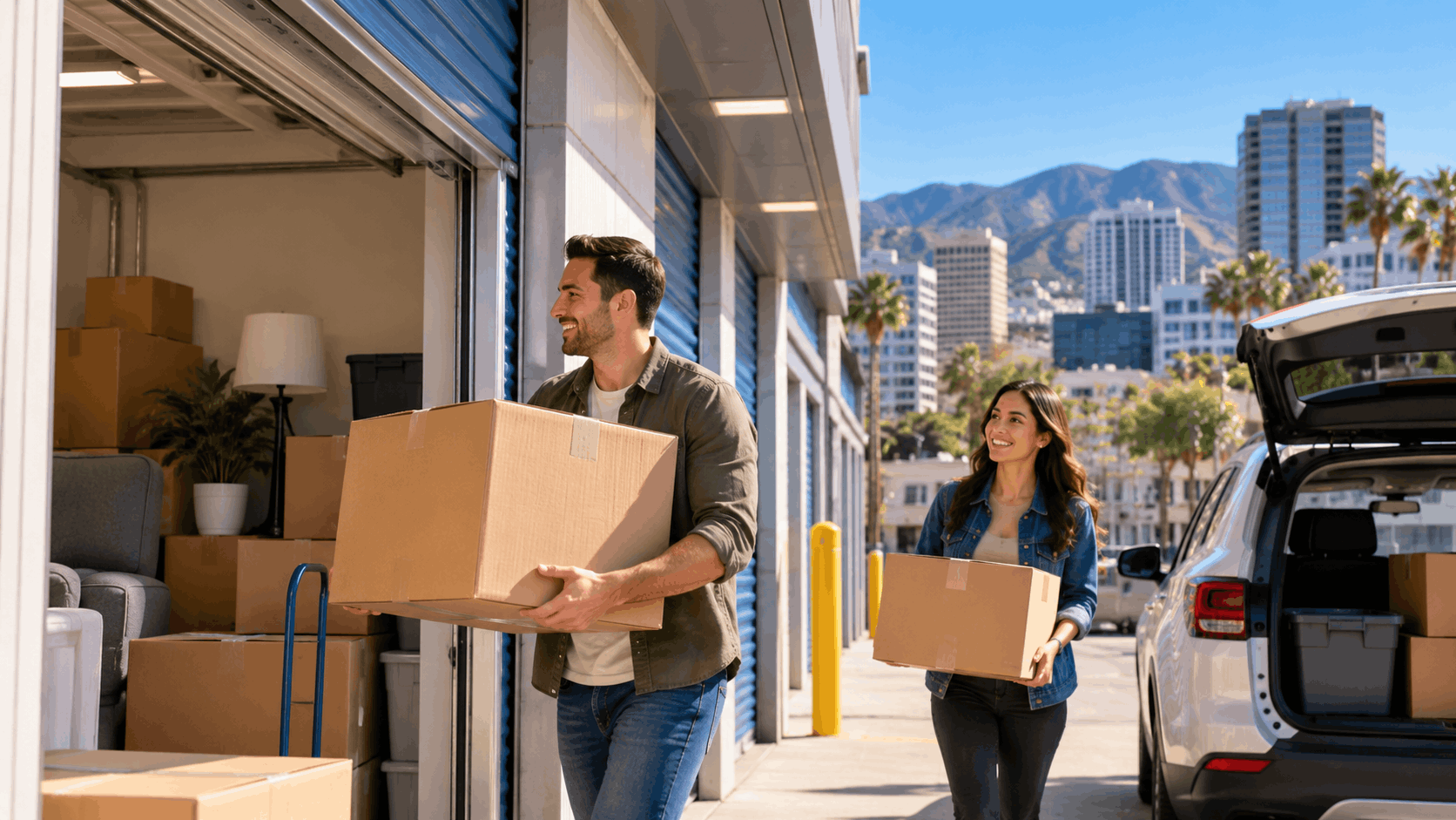 Couple loading cardboard boxes into outdoor self-storage unit in Los Angeles