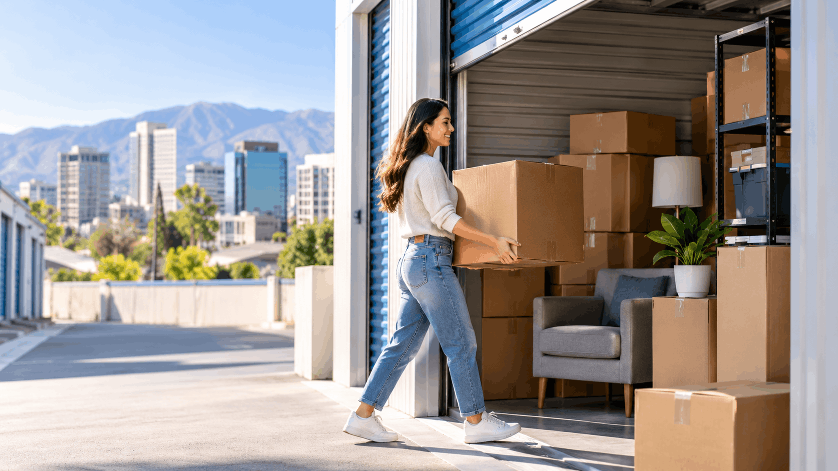 Woman carrying cardboard box into Los Angeles self-storage unit with city skyline