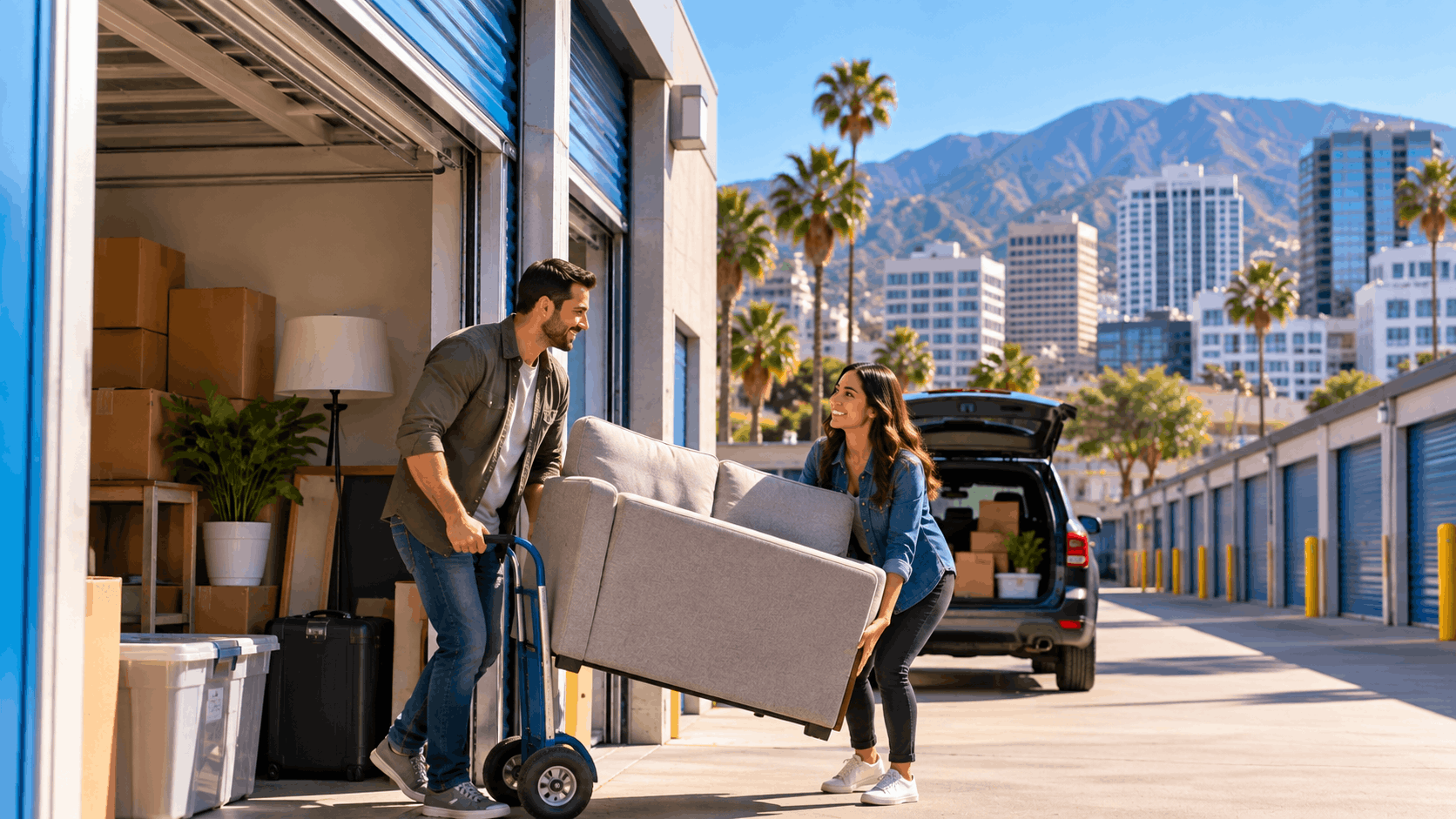 Couple moving gray sofa into outdoor self-storage unit in Los Angeles