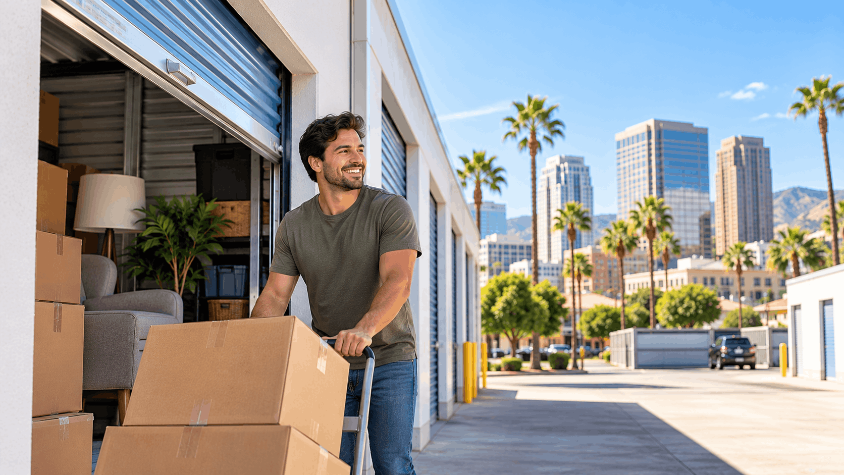 Smiling man unloading moving boxes into Los Angeles storage unit facility