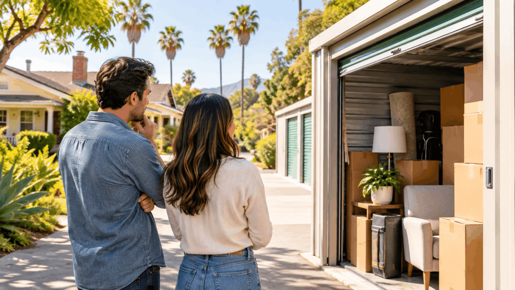 Couple reviewing packed storage unit with furniture and boxes in Los Angeles neighborhood