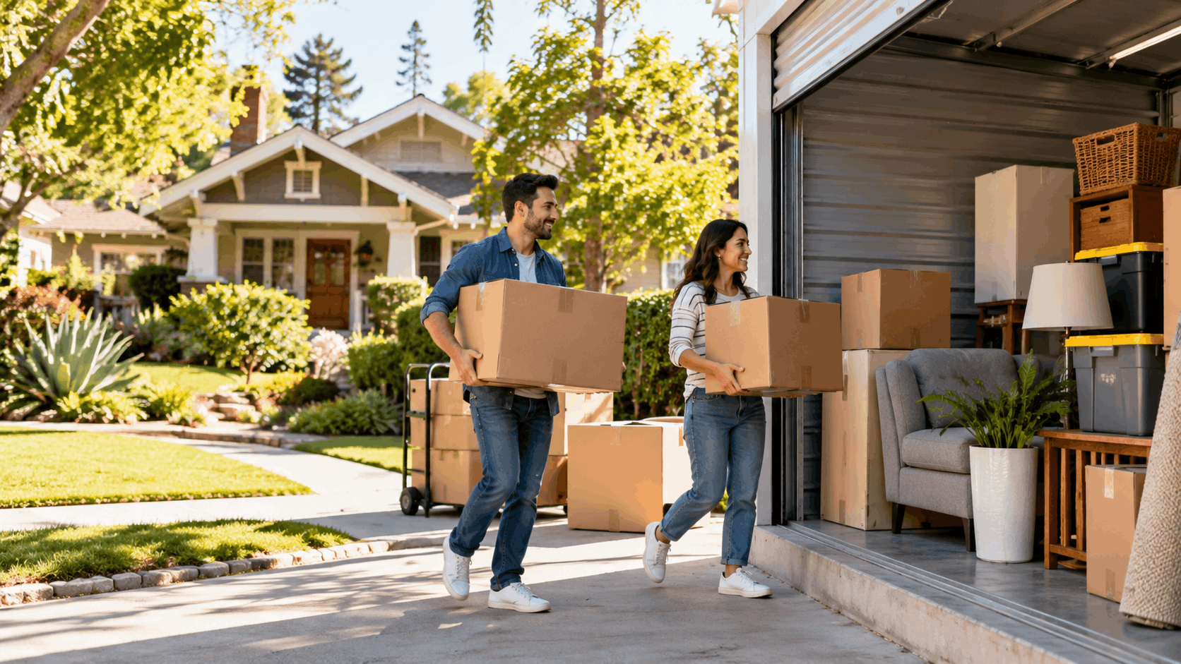 Couple carrying cardboard boxes into a self-storage unit during move