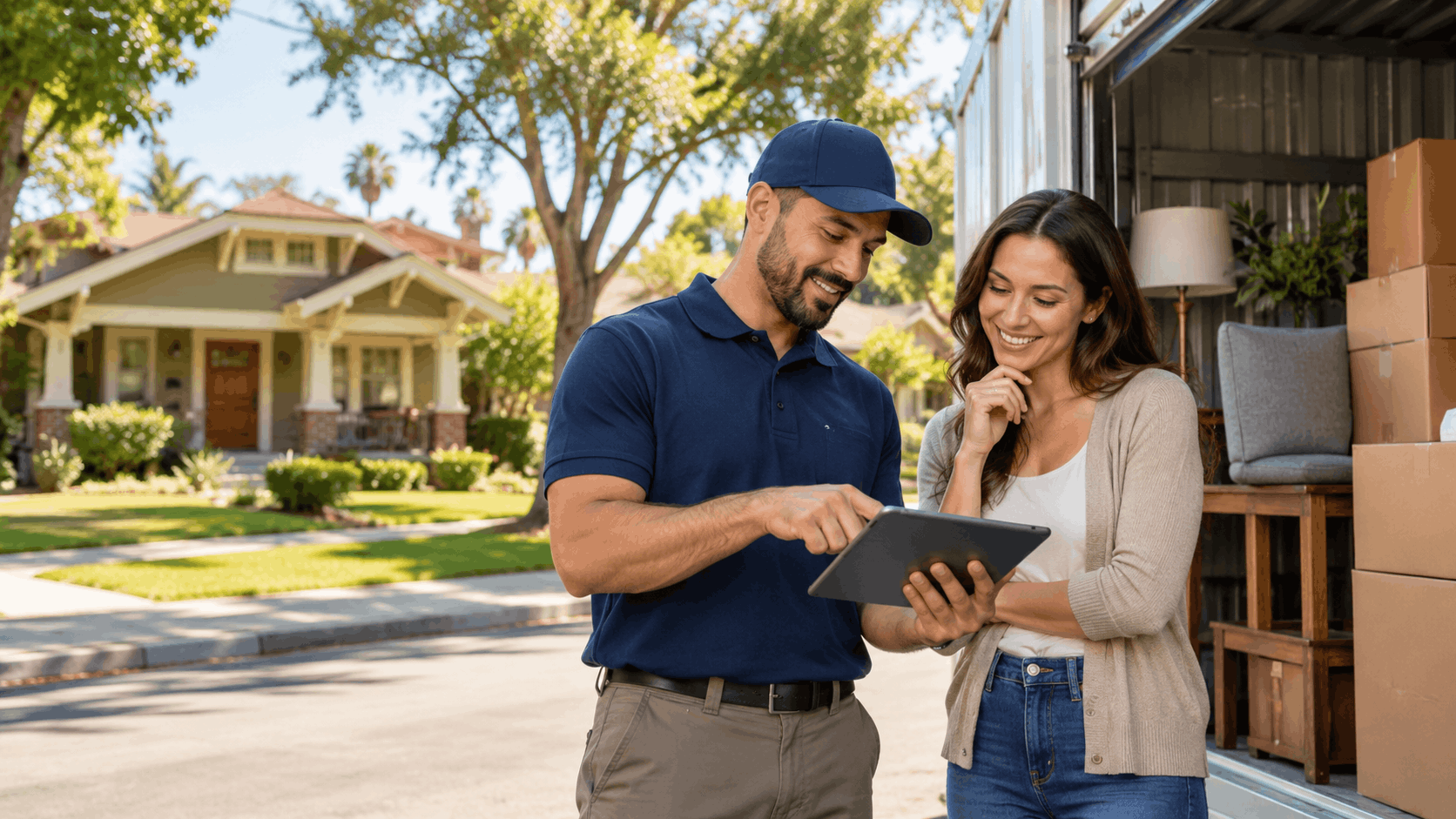 Moving company representative reviewing storage valuation documents on tablet with customer