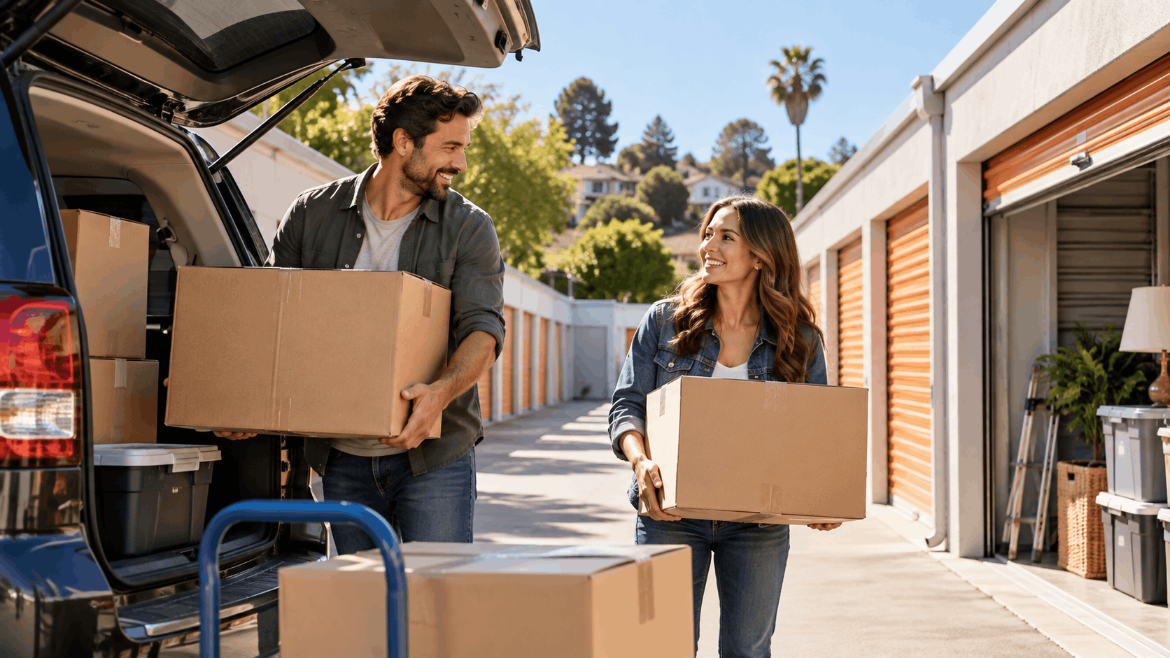Smiling couple unloading cardboard boxes from SUV at Los Angeles self-storage facility