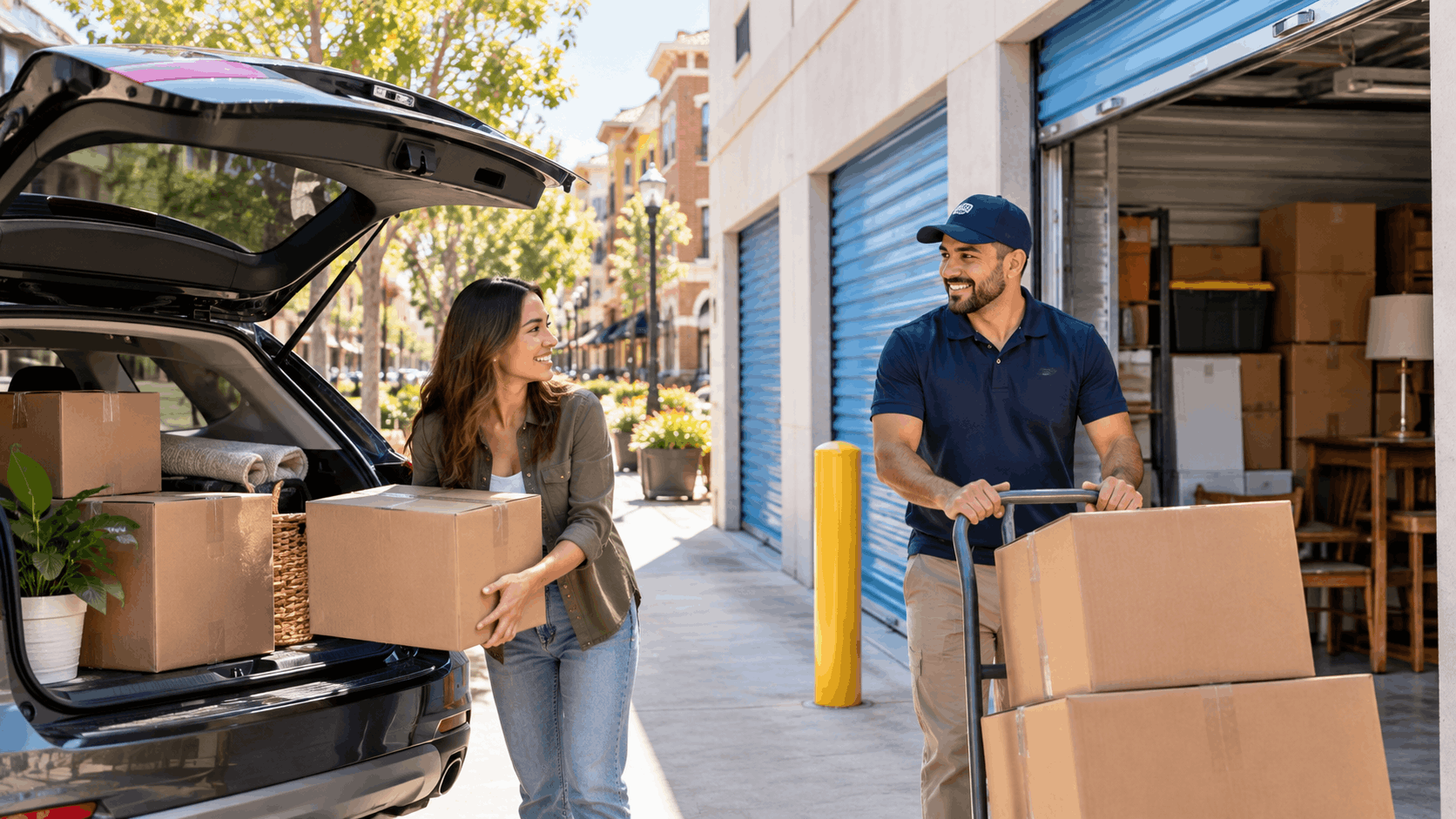 Woman and mover unloading cardboard boxes at Old Pasadena self-storage facility