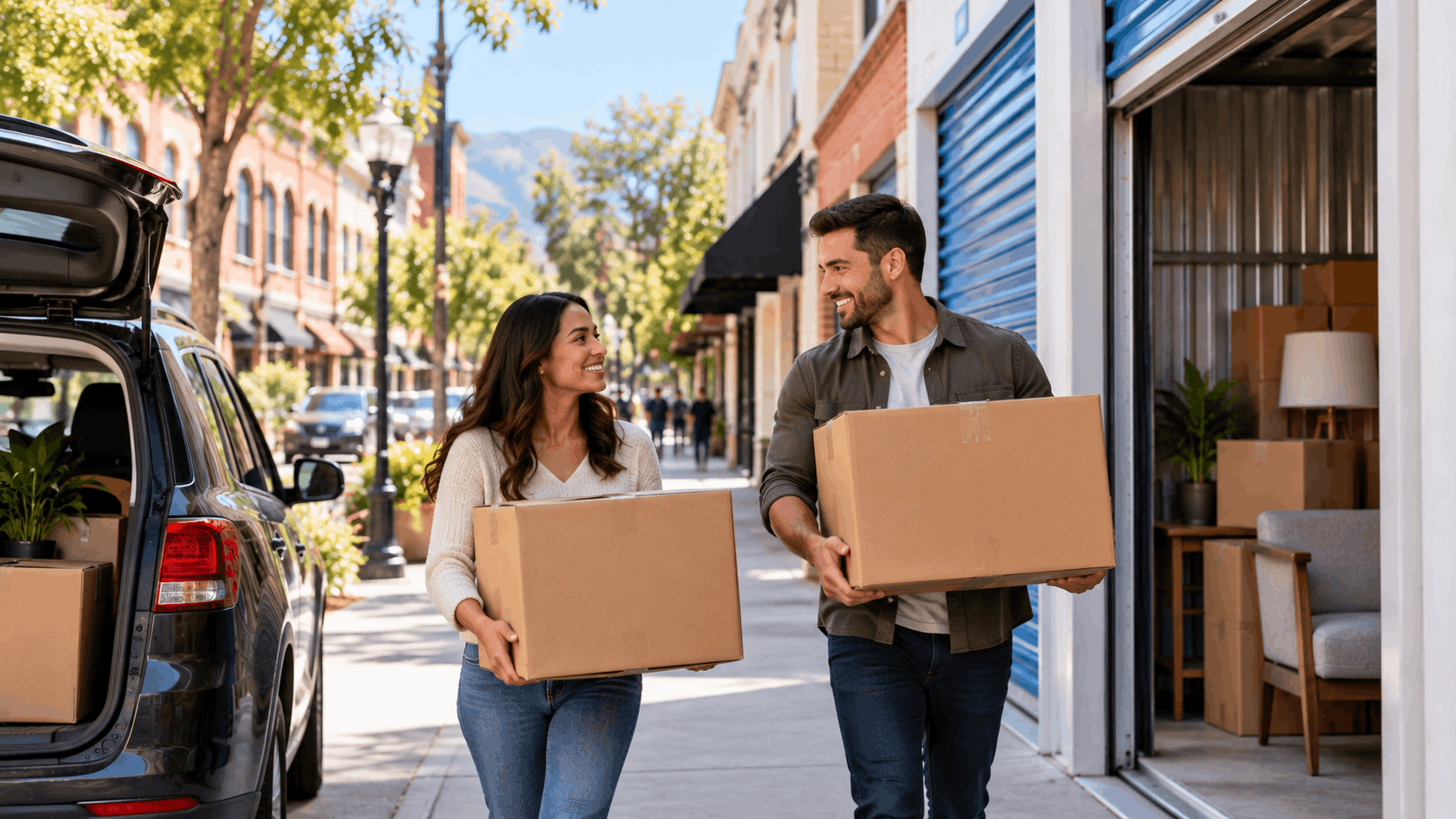 Couple carrying cardboard boxes into storage unit on Old Pasadena street