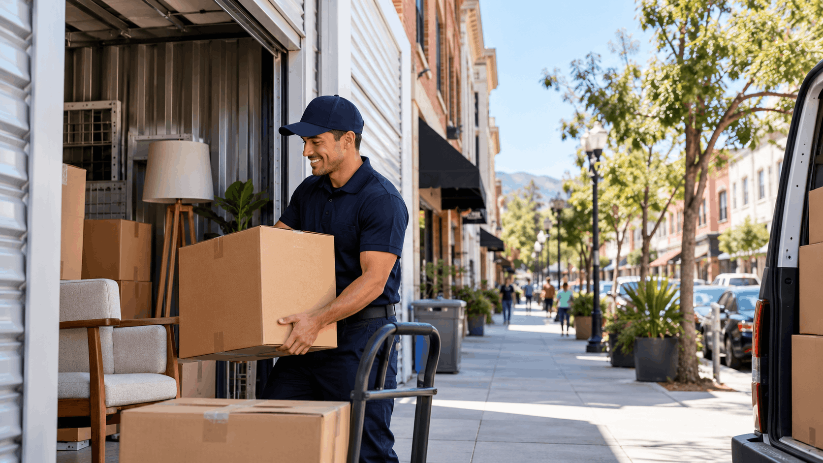 Smiling mover in navy uniform loading cardboard boxes onto hand truck outdoors