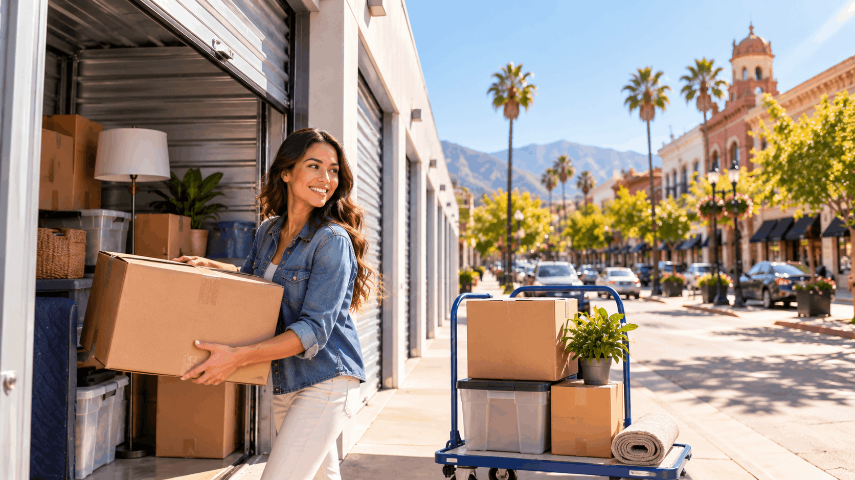 Smiling woman loading cardboard boxes into Los Angeles self-storage unit on sunny day