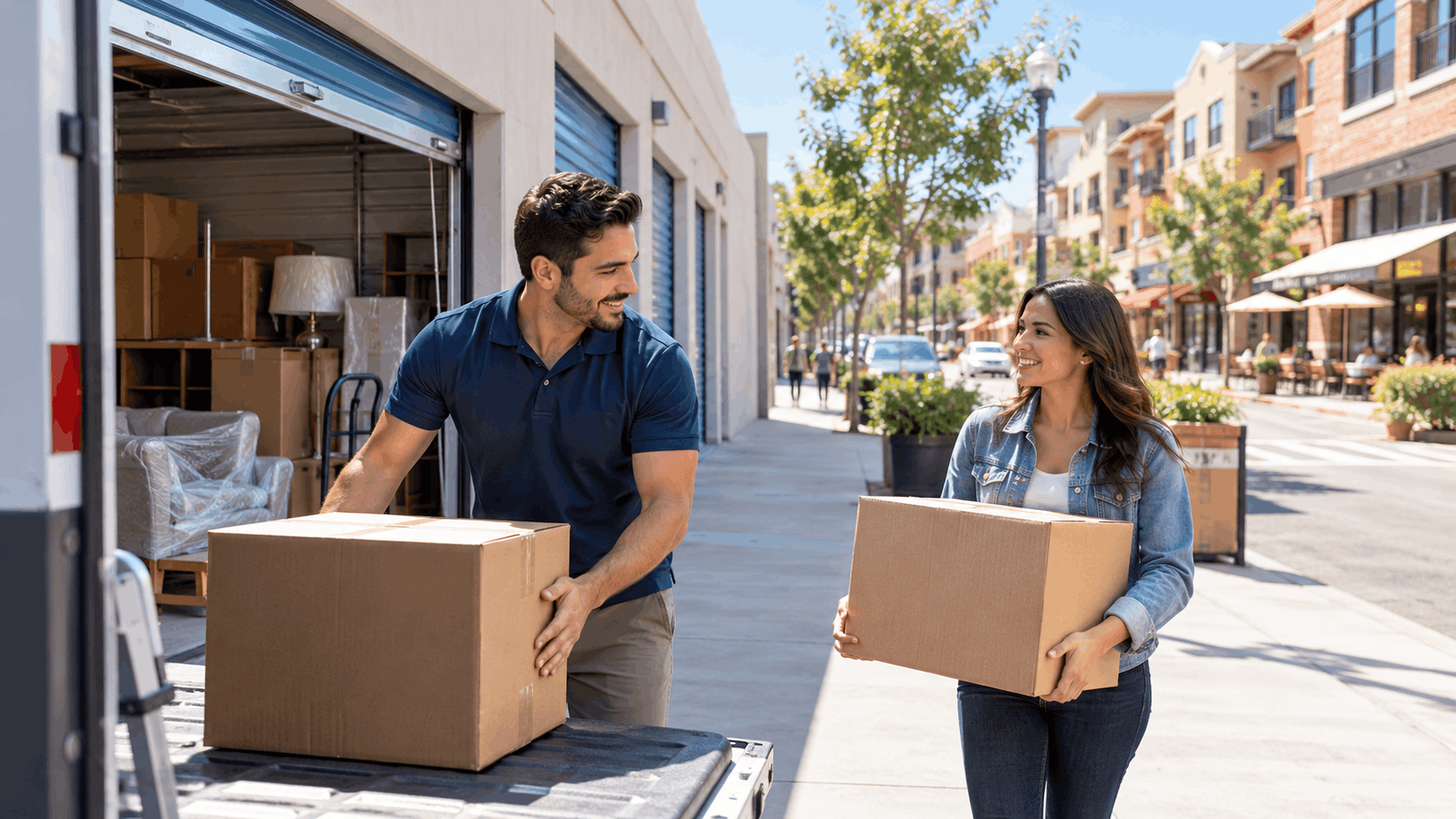 Couple carrying cardboard boxes into outdoor storage unit in sunny urban Pasadena
