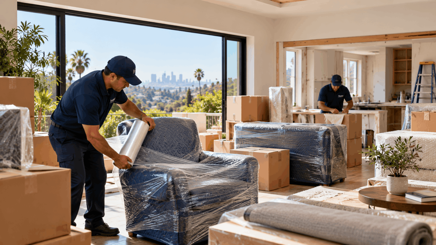Professional movers wrapping furniture with plastic stretch wrap during Los Angeles home remodel
