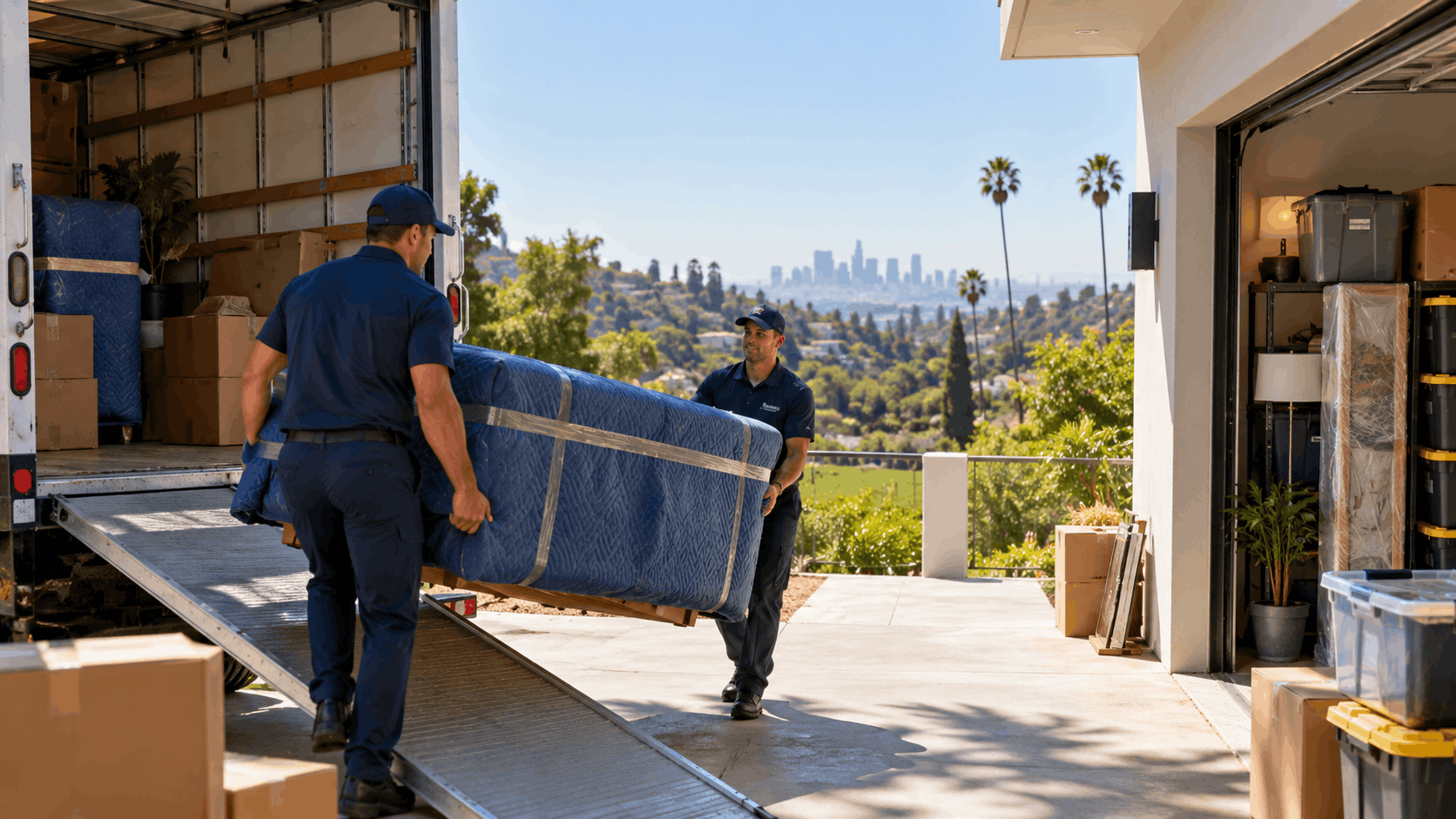 Two professional movers carrying wrapped furniture into Los Angeles hillside home