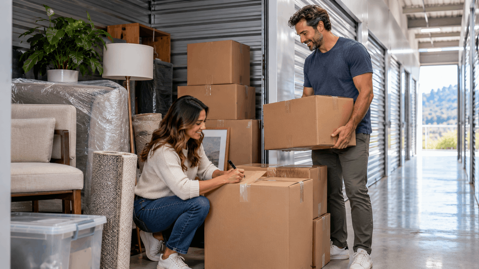 Couple labeling and loading cardboard boxes into Los Angeles self-storage unit