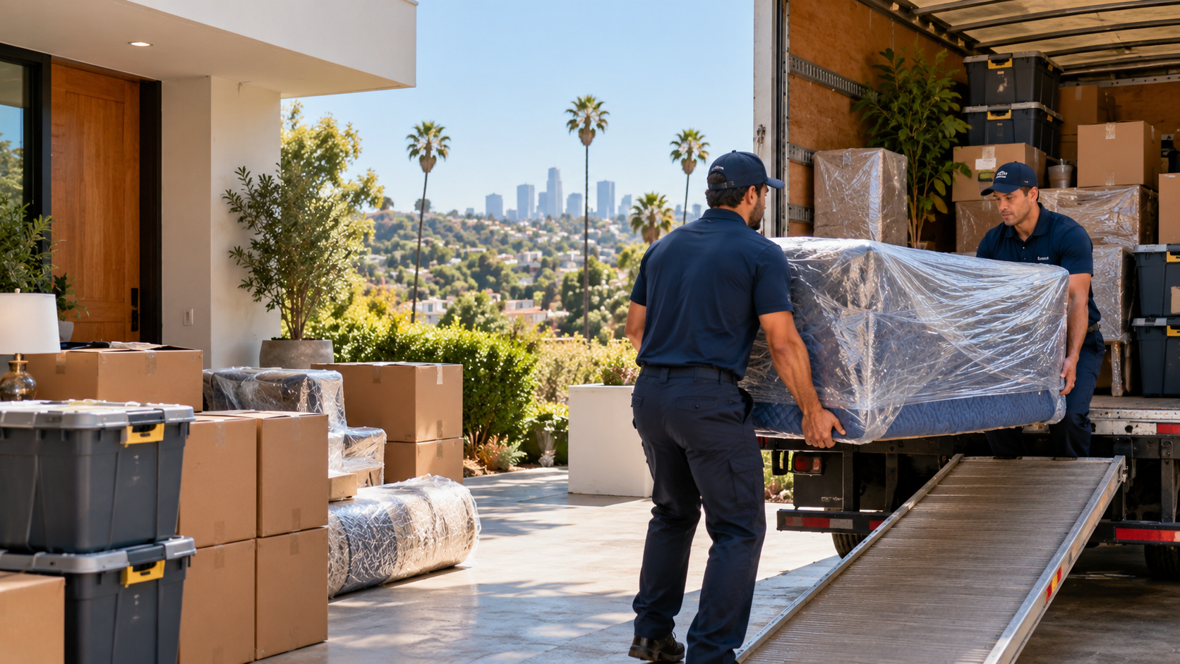 Two professional movers unloading wrapped mattress from moving truck in Los Angeles