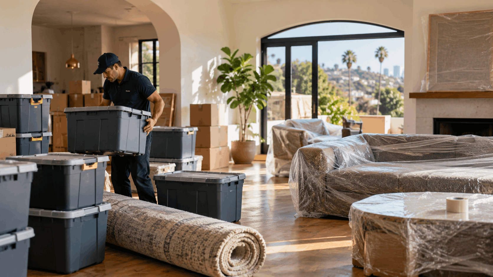 Professional mover carrying storage bins in luxury Los Feliz home during relocation