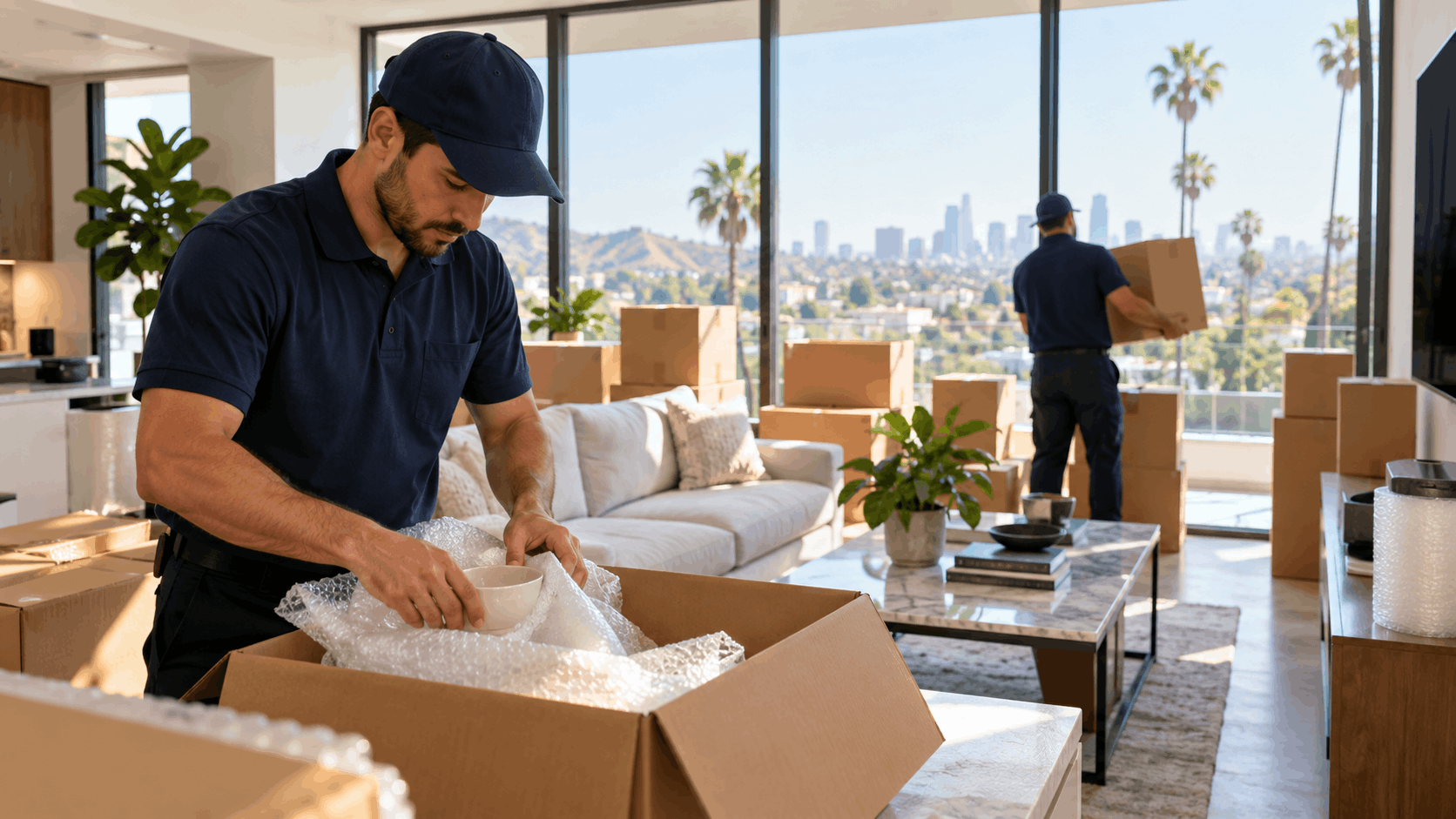 Professional movers packing bubble wrap boxes in luxury Los Angeles apartment