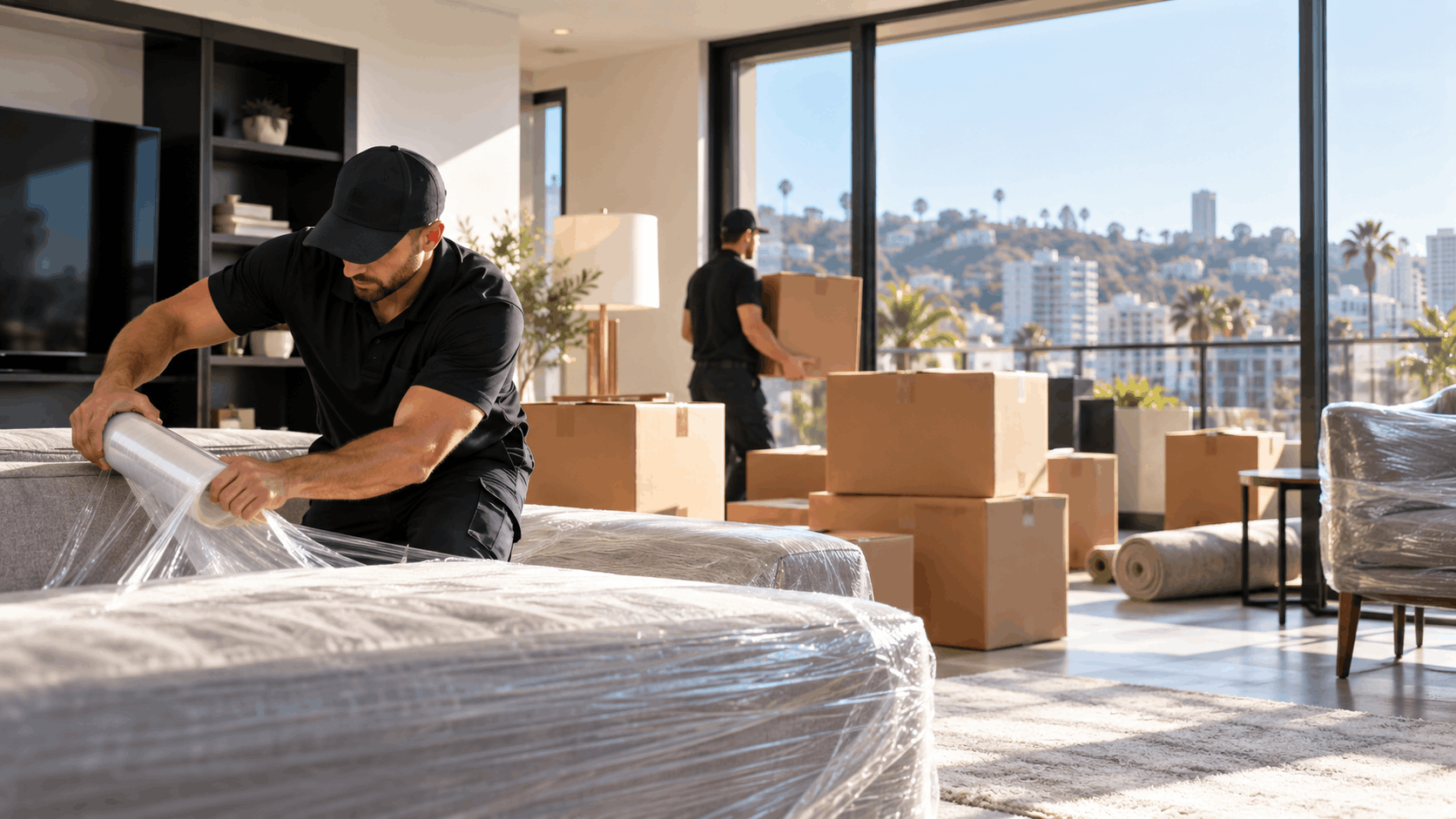 Professional movers wrapping furniture in plastic wrap inside luxury Los Angeles apartment