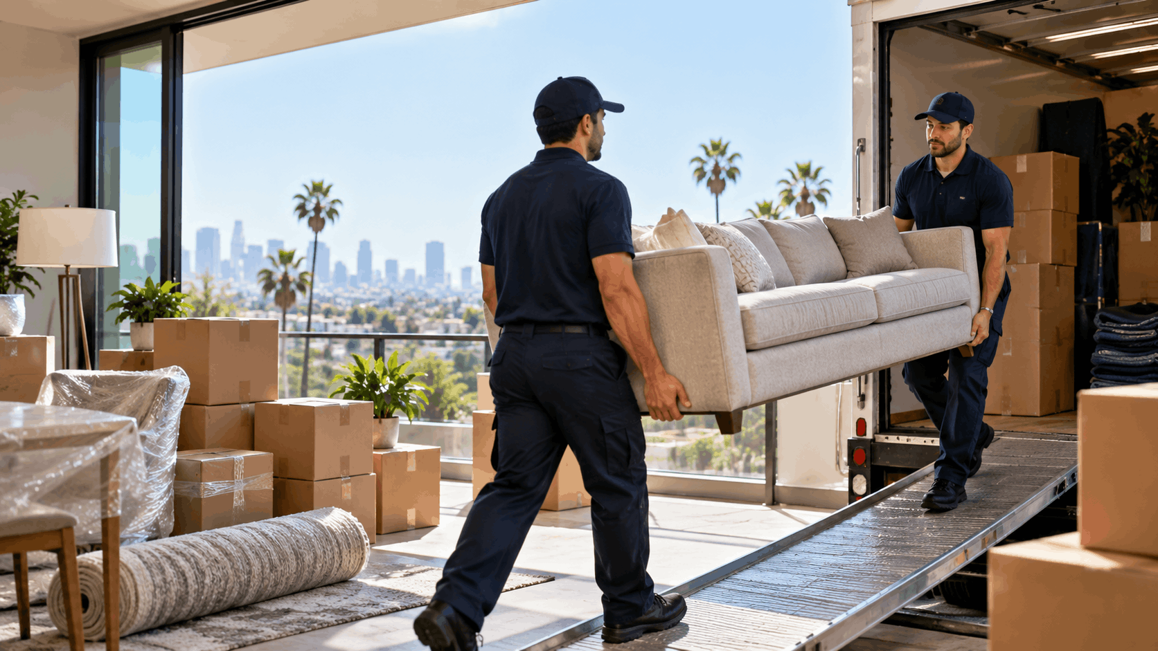 Two professional movers carrying sofa into truck with Los Angeles skyline background