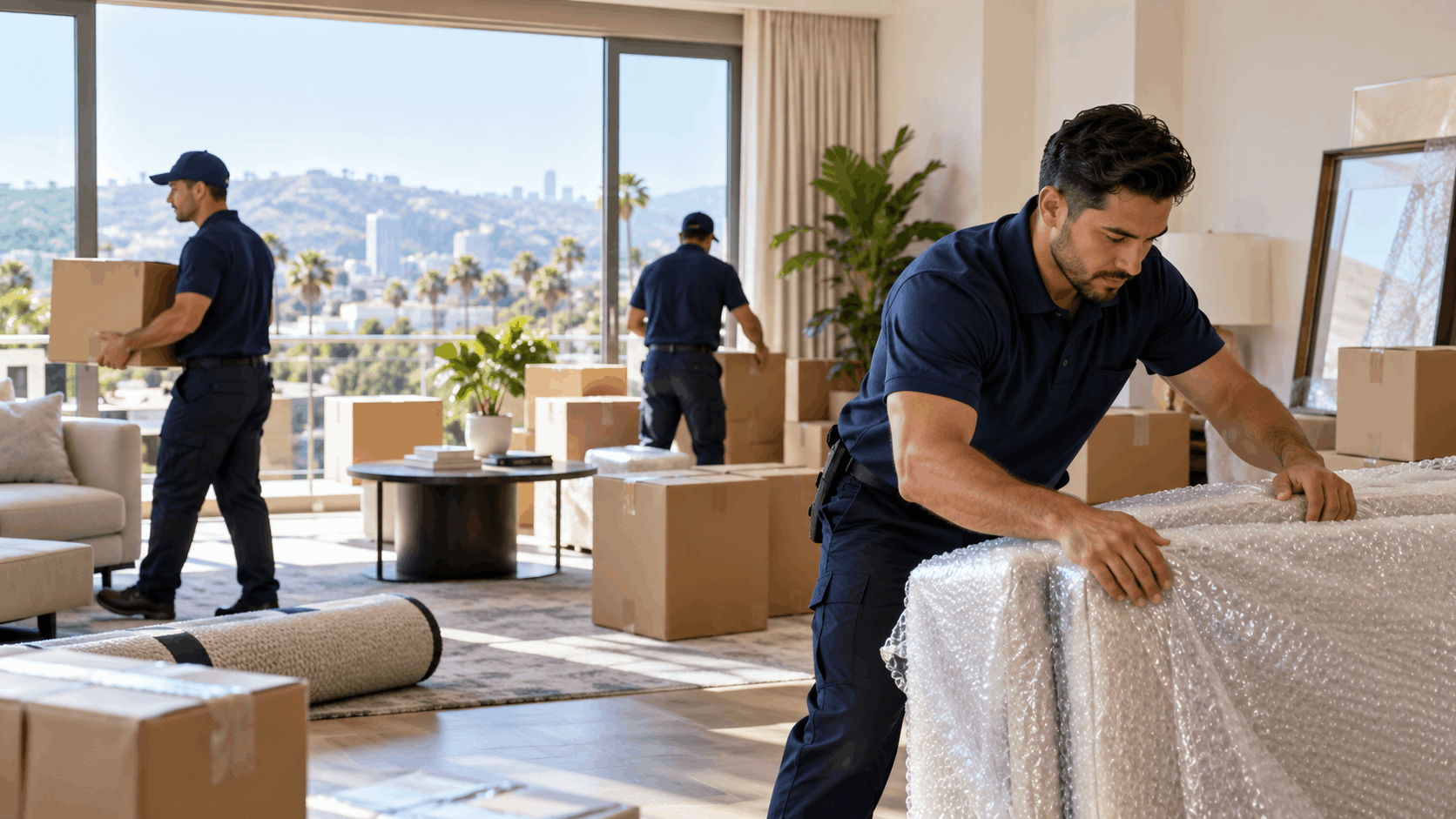 Professional movers in navy uniforms packing boxes and bubble-wrapping furniture in Los Angeles home