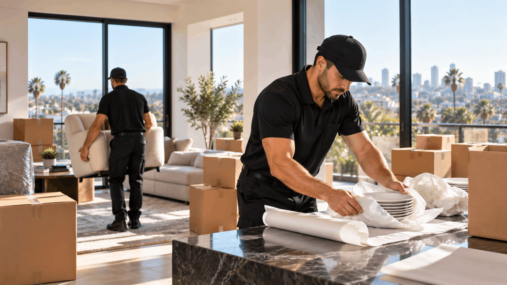 Professional movers packing dishes and furniture in luxury Hollywood apartment Los Angeles