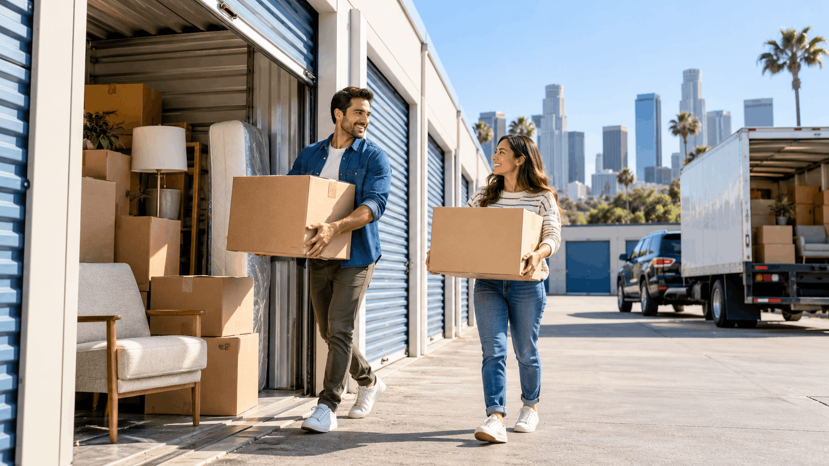 Couple carrying moving boxes into self-storage unit with Los Angeles skyline background