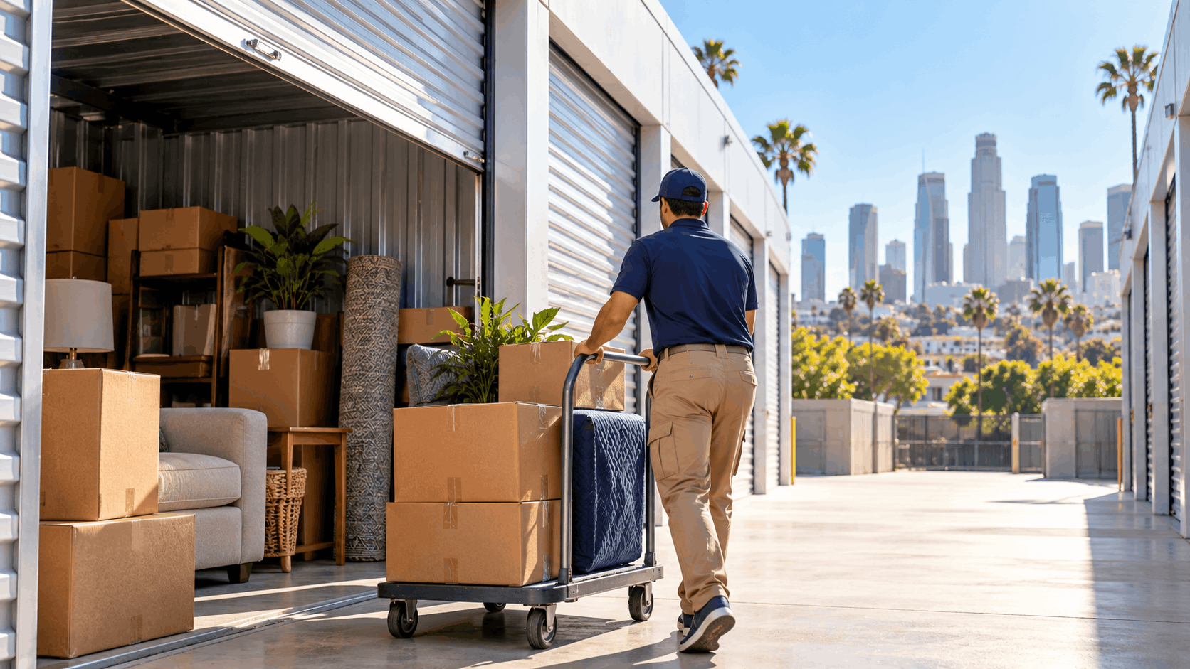 Mover pushing cart with boxes into Los Angeles self-storage unit