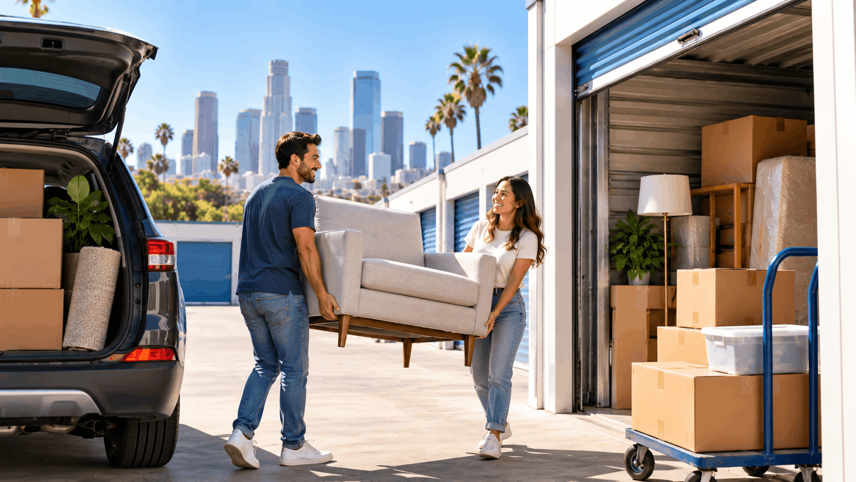 Couple carrying armchair into Los Angeles storage unit with city skyline background
