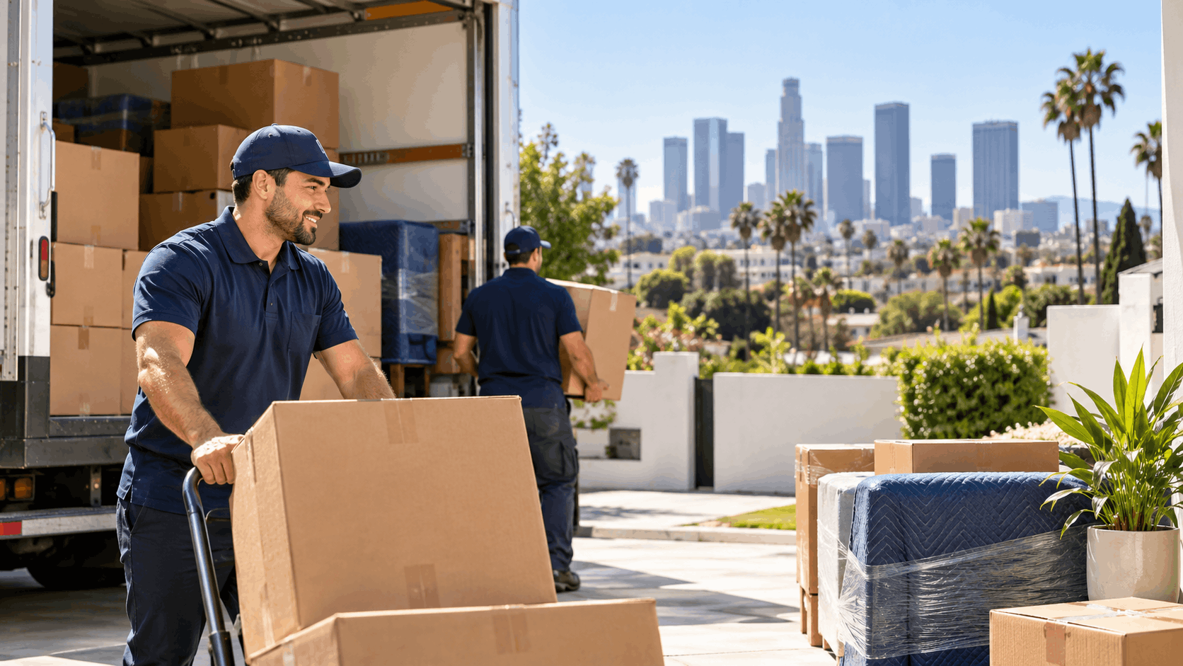 Two professional movers unloading boxes from truck with Los Angeles skyline background