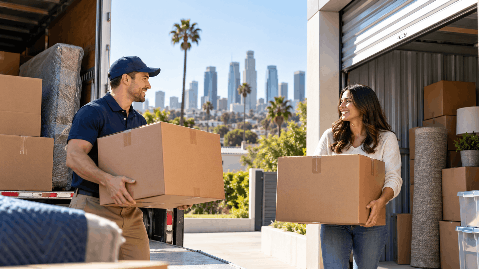 Two movers unloading cardboard boxes from moving truck with Los Angeles skyline background