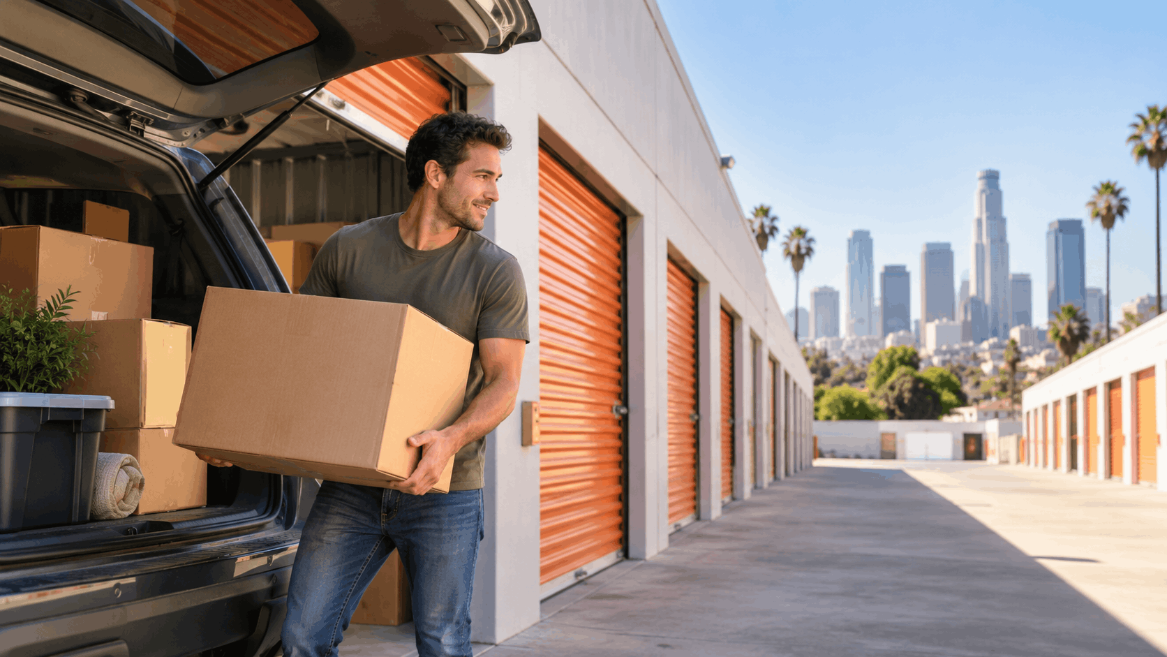 Man unloading cardboard boxes from SUV at Los Angeles self-storage facility