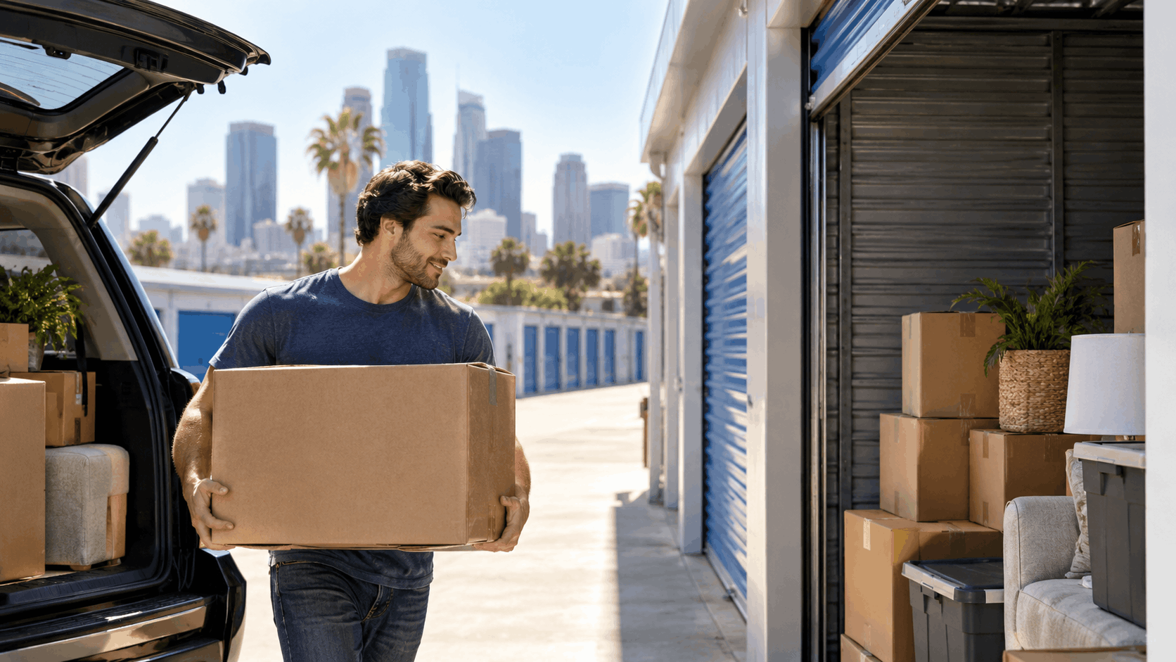 Man carrying cardboard box into outdoor self-storage unit in Los Angeles
