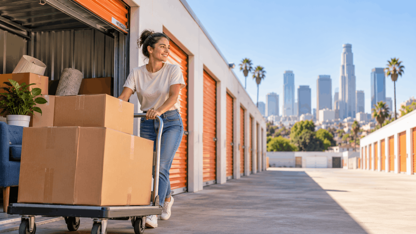 Woman moving boxes into orange-door storage unit with Los Angeles skyline background
