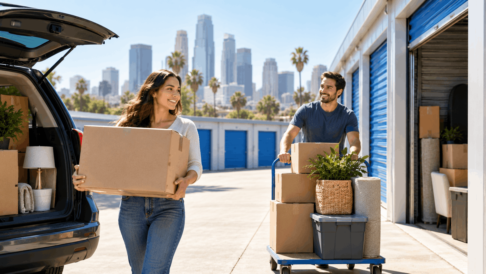 Couple unloading boxes at Los Angeles self-storage facility with city skyline background