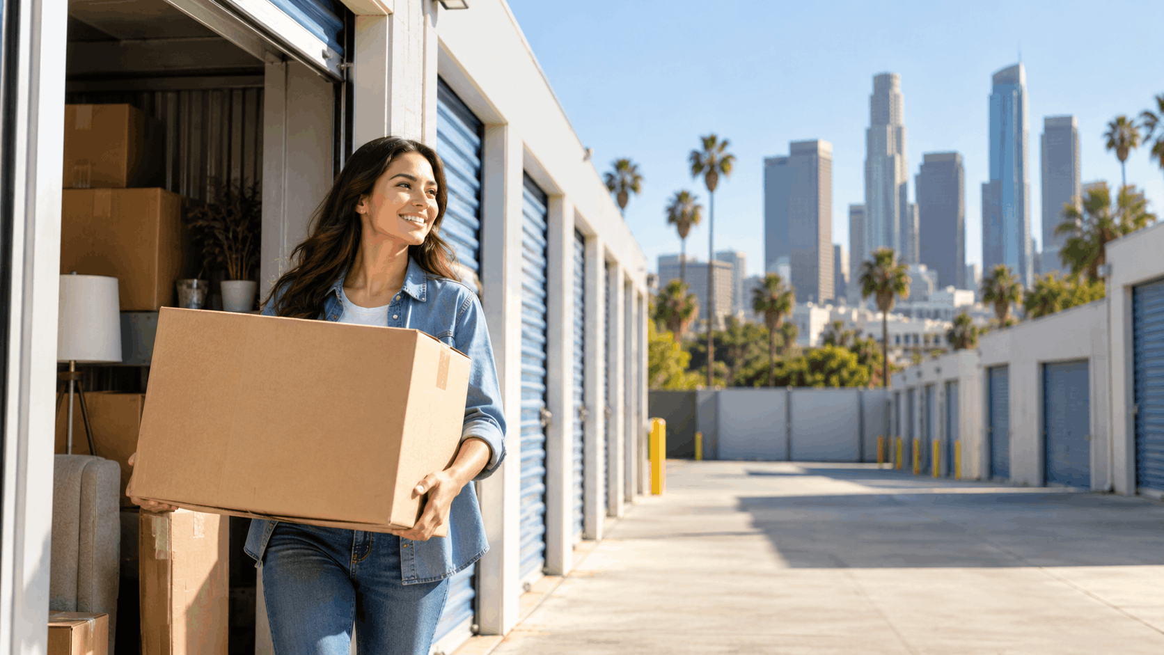 Woman carrying cardboard box at outdoor Los Angeles self-storage facility units